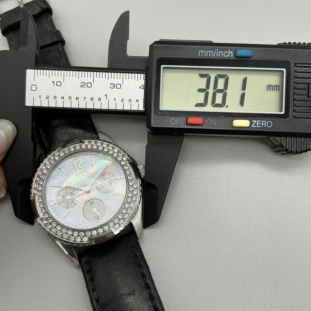 Guess Waterpro Womens Watch 38mm MOP Dial Black Leather Crystals New Battery